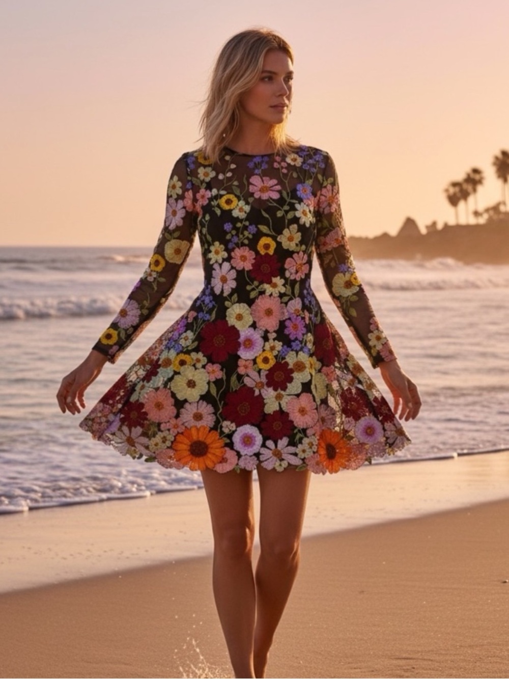Mac Duggal Floral Embroidered Long Sleeve Mini Dress